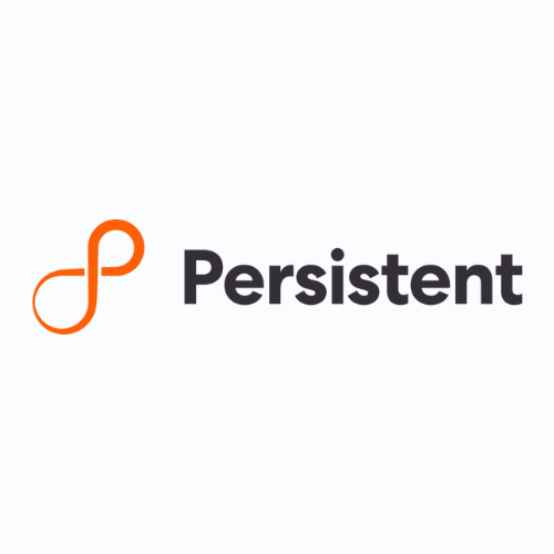Orange abstract loop symbol forming a stylized “P” next to dark gray “Persistent” wordmark on light background, representing Persistent Systems technology, digital engineering, and IT services brand identity.
