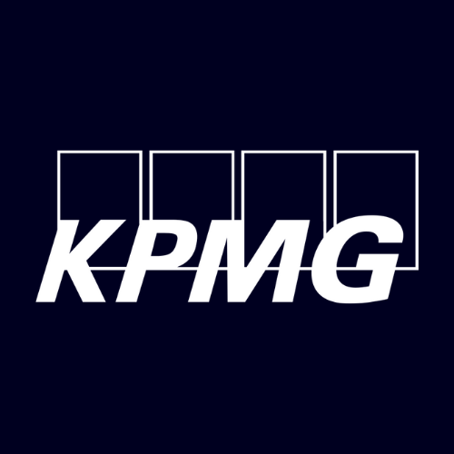 White “KPMG” wordmark overlaid on four outlined square boxes against dark blue background, representing KPMG global audit, tax, and advisory services brand identity.