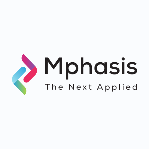 Multicolored arrow-shaped emblem beside black “Mphasis” wordmark with tagline “The Next Applied” on light background, representing Mphasis IT services, consulting, and digital transformation brand identity.
