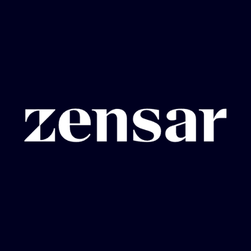 White “zensar” wordmark centered on dark blue background, representing Zensar Technologies global IT services, consulting, and digital transformation brand identity.