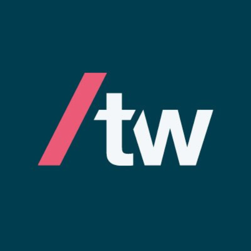 Pink forward slash symbol followed by white “tw” lowercase lettermark on dark teal background, representing Thoughtworks global technology consulting and digital transformation services brand identity.