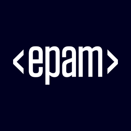 White “epam” lowercase wordmark enclosed by angle brackets on dark blue background, representing EPAM Systems global software engineering and digital platform services brand identity.