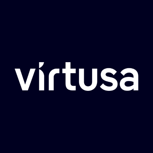 White lowercase “virtusa” wordmark centered on dark blue background, representing Virtusa global IT consulting, digital engineering, and technology services brand identity.