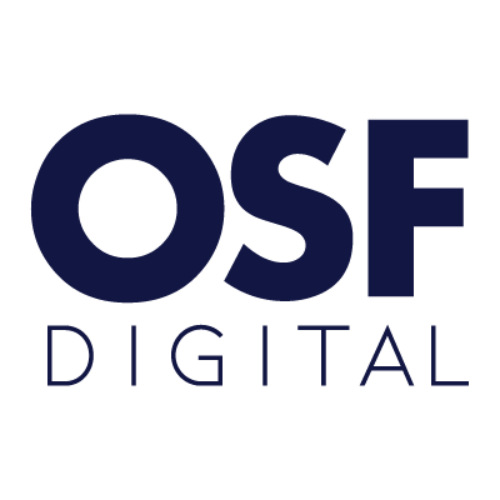 Bold navy “OSF” uppercase wordmark above thinner “DIGITAL” text on light background, representing OSF Digital global digital transformation, commerce, and cloud solutions brand identity.